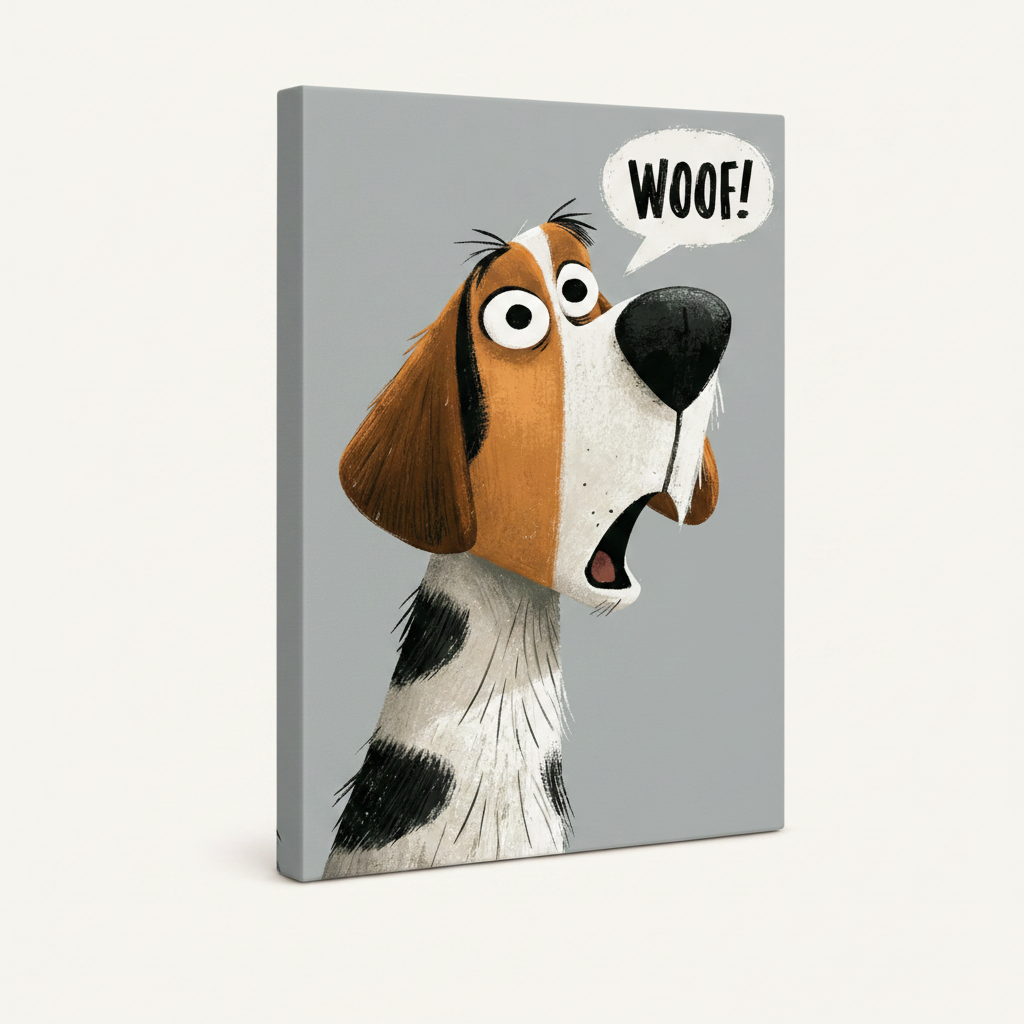 Gallery-wrapped canvas showing expressive cartoon dog with wide eyes and WOOF speech bubble, angled white background view