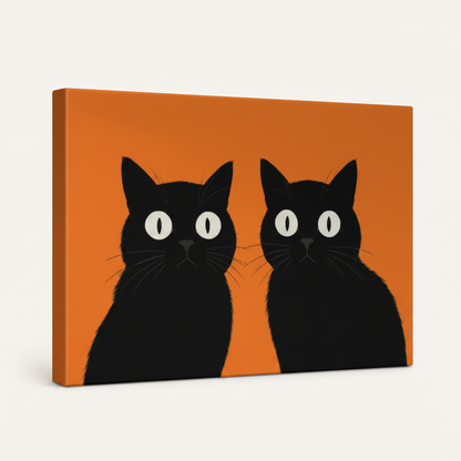 Gallery-wrapped black cat canvas print with orange painted edges, two cats staring forward, angled view on white background
