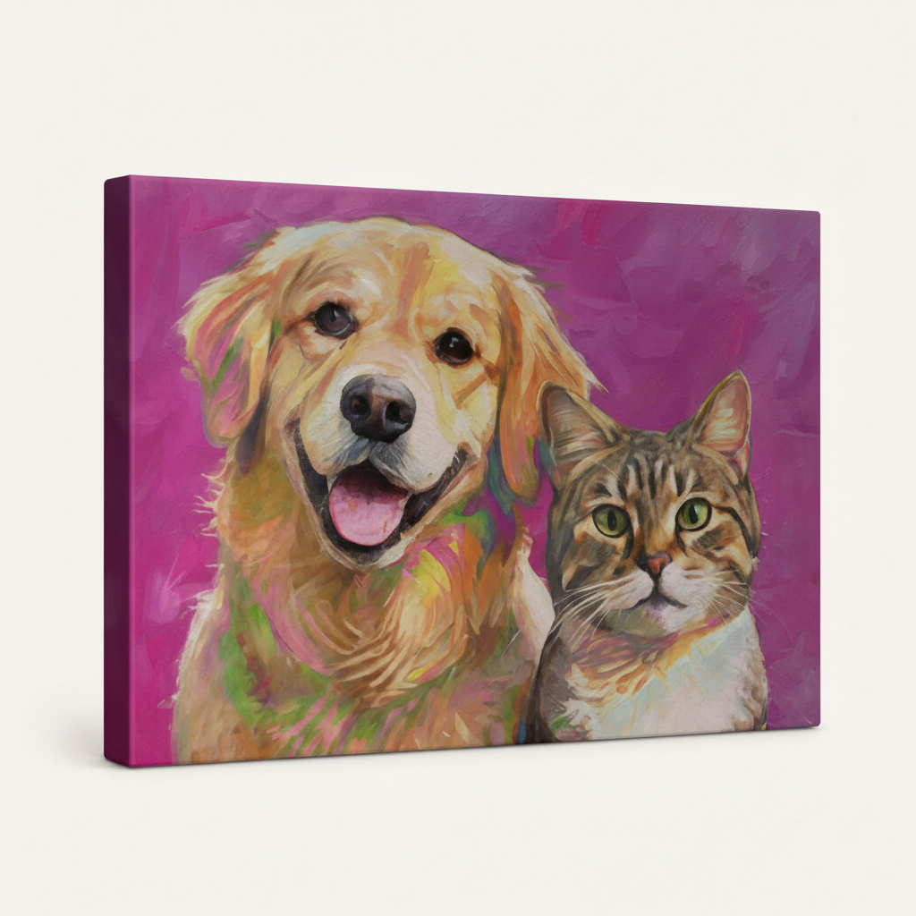 Gallery-wrapped pet portrait canvas print with dark painted edges, golden retriever and cat, angled view on white background