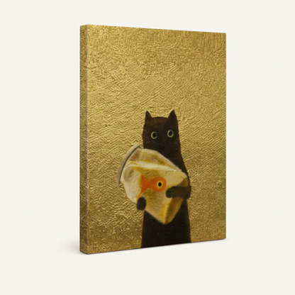 Gallery-wrapped black cat goldfish canvas art shown at angle revealing side wrap depth and golden impasto texture