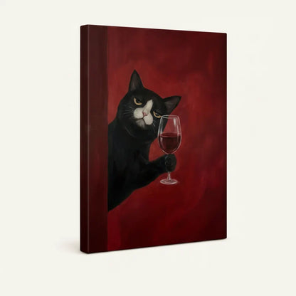Angled product view of gallery-wrapped canvas showing moody tuxedo cat holding red wine on dark crimson background