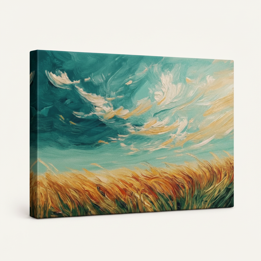 Gallery-wrapped wheat field canvas showing thick impasto side edges in teal and amber tones