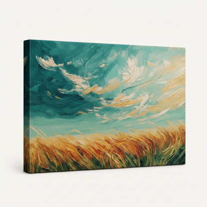 Gallery-wrapped wheat field canvas showing thick impasto side edges in teal and amber tones