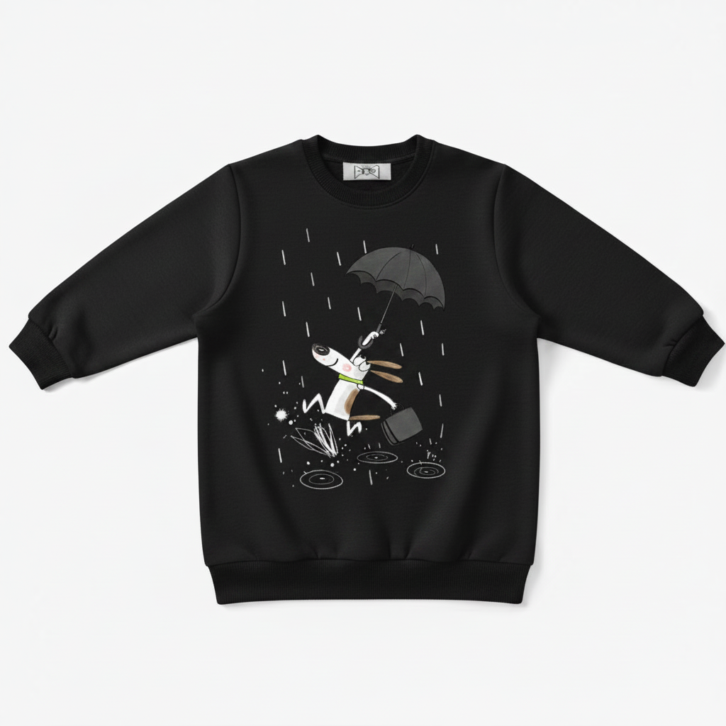 Dog Running Rain Umbrella Cartoon Crewneck C1139