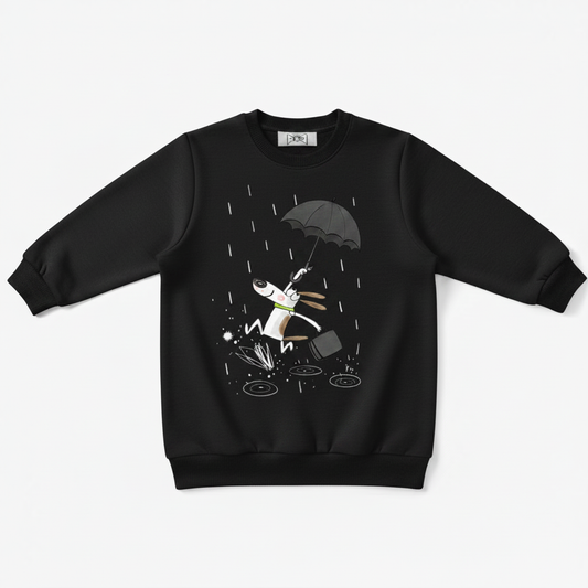 Dog Running Rain Umbrella Cartoon Crewneck C1139