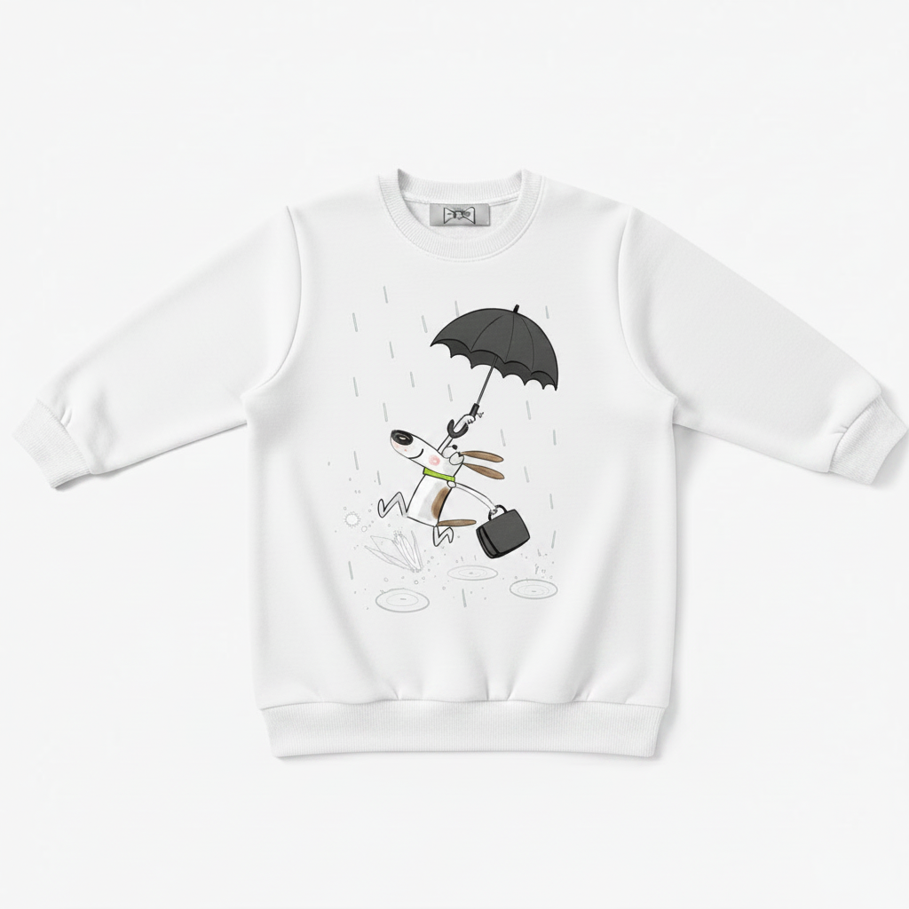 Dog Running Rain Umbrella Cartoon Crewneck C1139