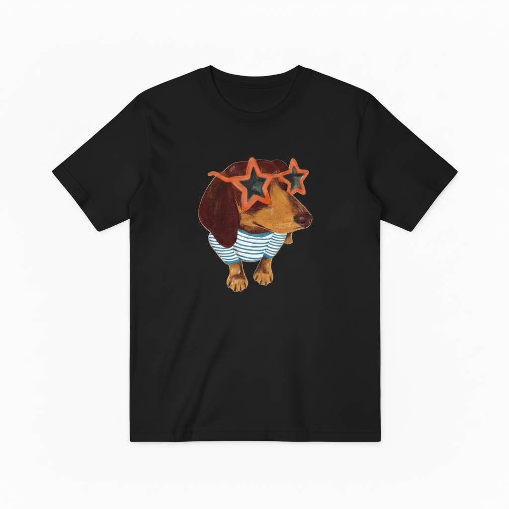 Quirky Wiener Dog Star Sunglasses Graphic T-Shirt T6008