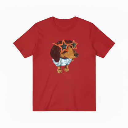 Quirky Wiener Dog Star Sunglasses Graphic T-Shirt T6008