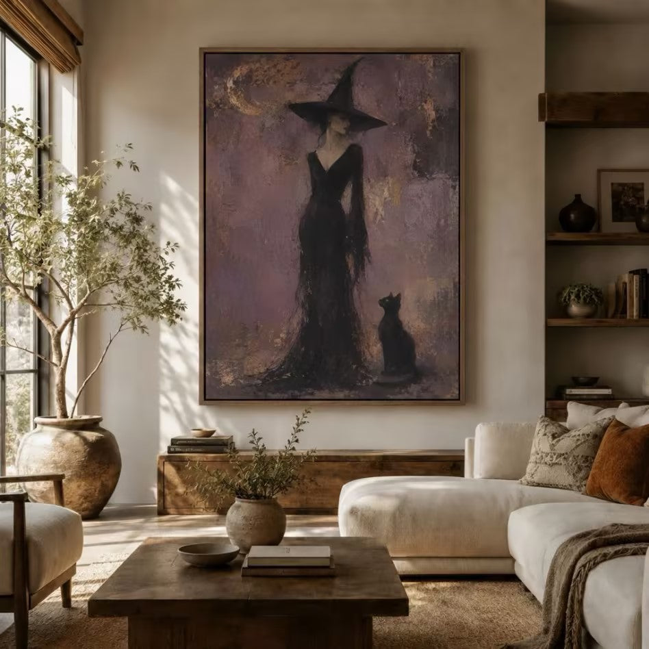 Gothic witch and black cat impasto canvas wall art displayed in a warm neutral living room