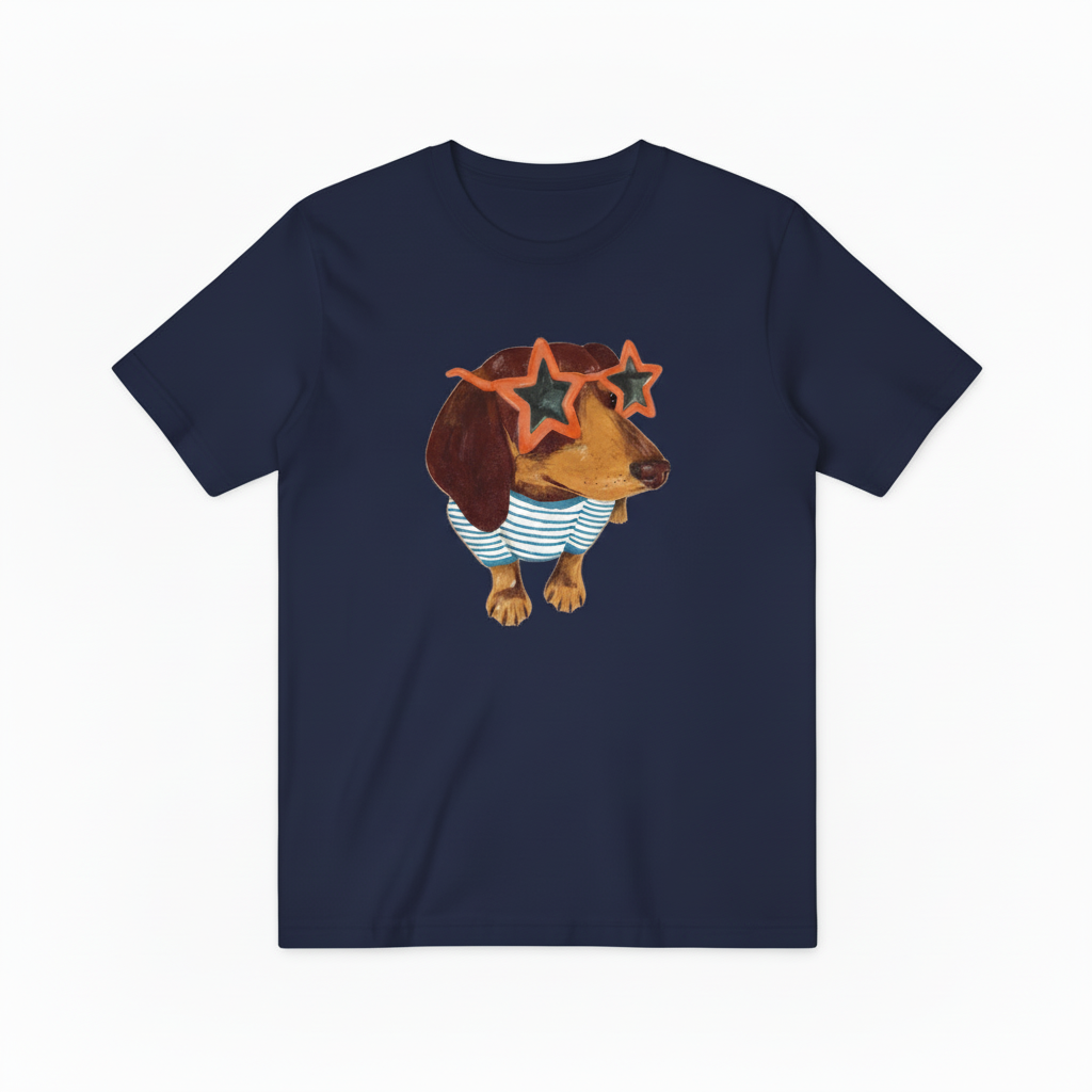 Quirky Wiener Dog Star Sunglasses Graphic T-Shirt T6008