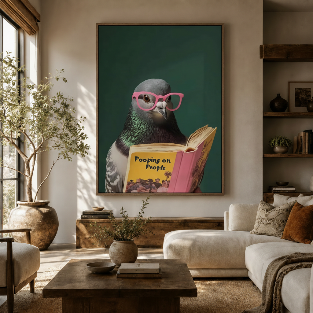 Quirky pigeon reading book framed canvas print hung above sofa in warm neutral boho living room