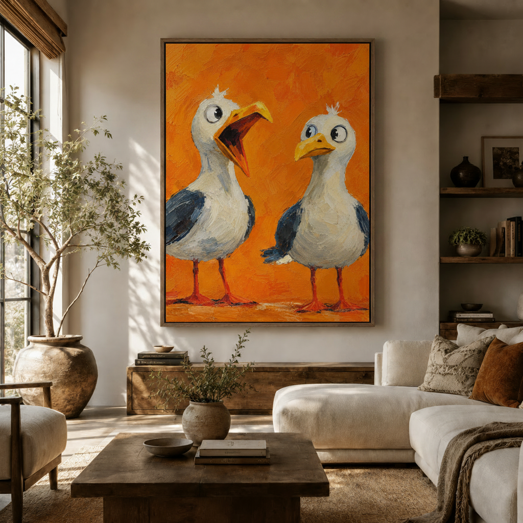 Large comical seagull canvas art in black frame above sideboard in organic modern living room with olive tree and white sofa
