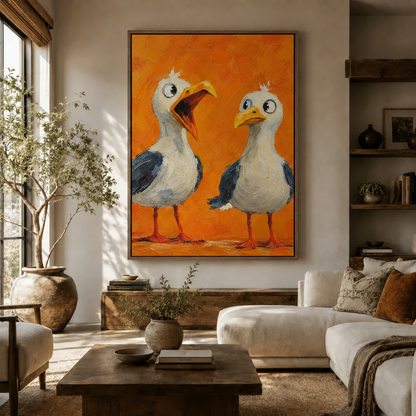 Large comical seagull canvas art in black frame above sideboard in organic modern living room with olive tree and white sofa