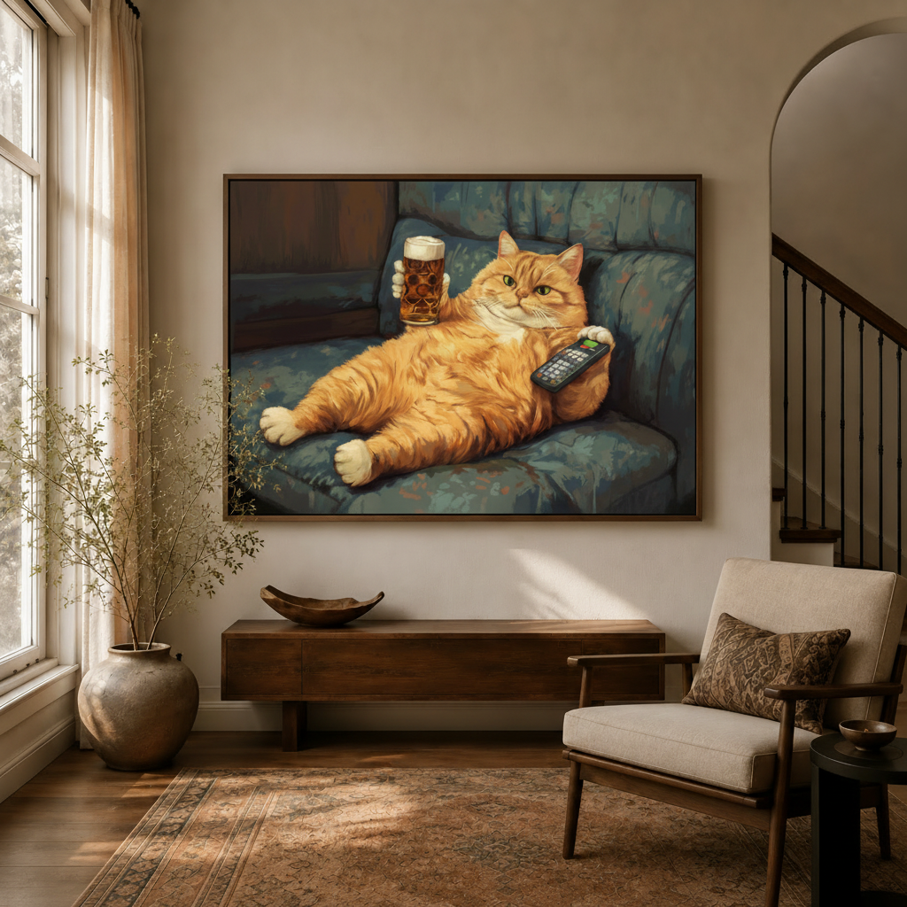 Chubby cat with beer and remote framed canvas art on wall in cozy transitional entryway with wood bench