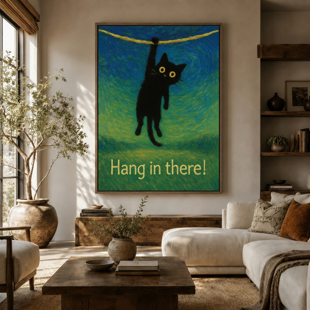 Van Gogh style black cat wall art displayed above a cozy living room sofa