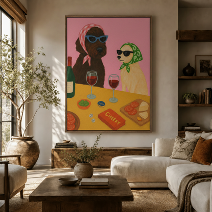 Bold pop art dog canvas print above white linen sofa in bright bohemian living room with olive tree and wooden coffee table