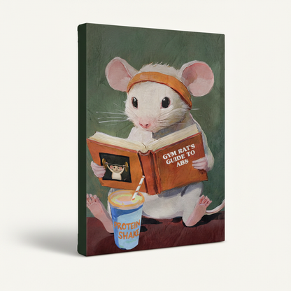Gallery wrapped gym rat mouse protein shake canvas print in angled 3D product view on white background