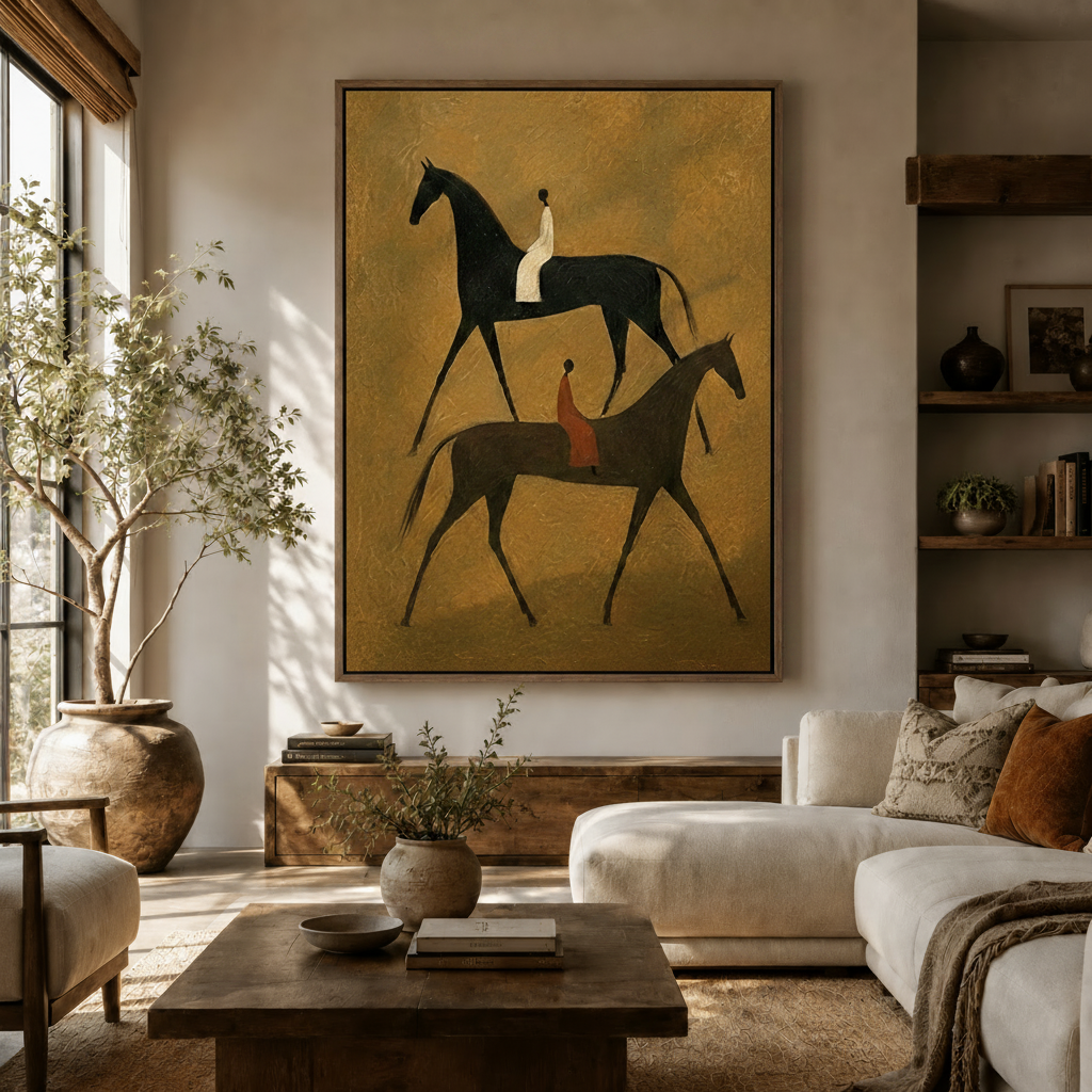 Large two horses canvas print on living room wall above white sofa with rustic wood shelves and olive tree