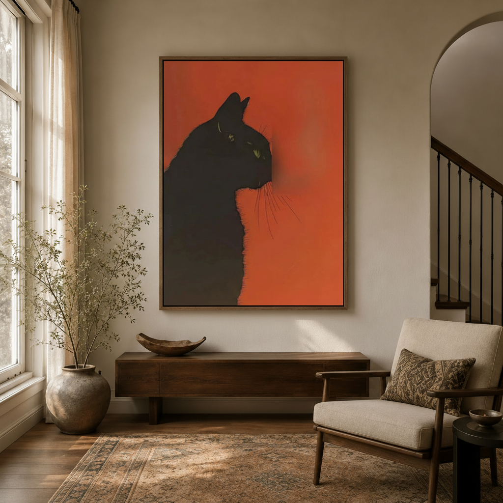 Black cat silhouette canvas art displayed on hallway wall above wooden console with arched doorway