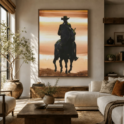 Western horse riding silhouette canvas print displayed in bright farmhouse living room