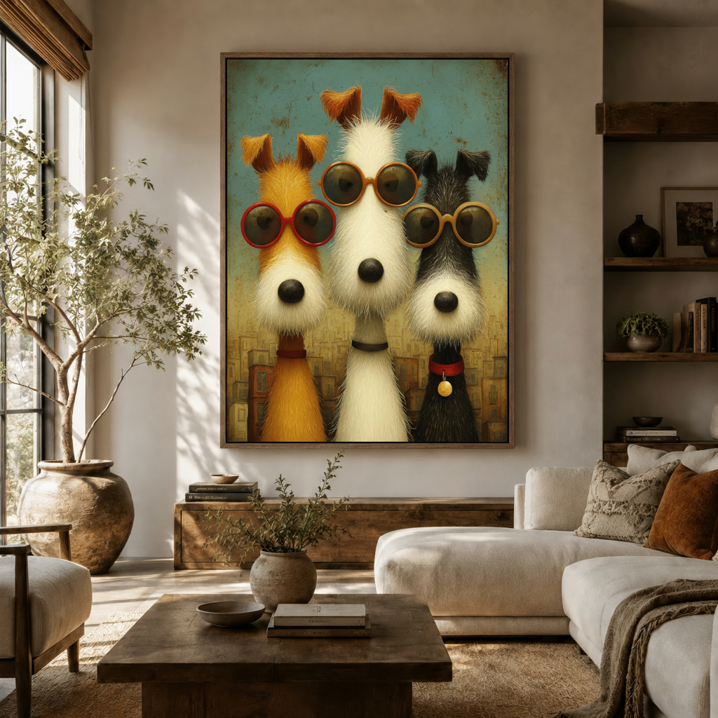 Large funny dogs sunglasses folk art canvas on living room wall above white sofa with olive tree and rustic wood shelving