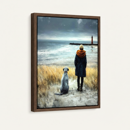 Side angle view of walnut framed canvas showing woman in orange scarf and grey dog facing winter sea and red lighthouse