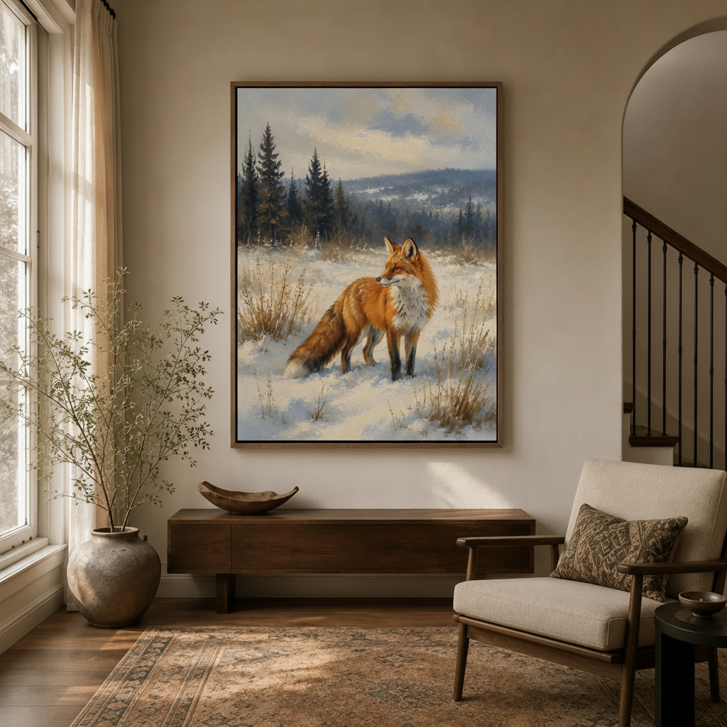 Red fox winter canvas art in walnut frame above console in warm neutral entryway with arched doorway