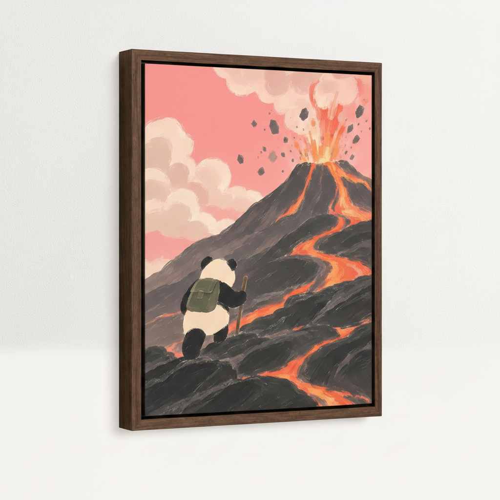 Walnut framed canvas side angle of panda with green backpack climbing lava-streaked volcano under dusty rose sky