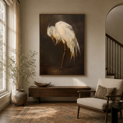 White egret dark oil painting canvas displayed large above walnut console in warm neutral entryway