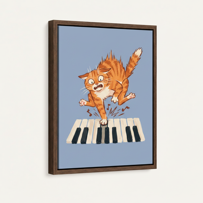  Framed cartoon orange cat playing piano canvas print with dark walnut floating frame
