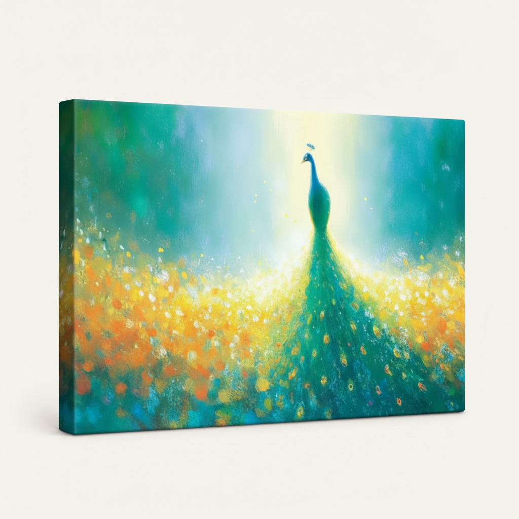 Gallery-wrapped peacock canvas art side view showing wrap depth and brushwork texture
