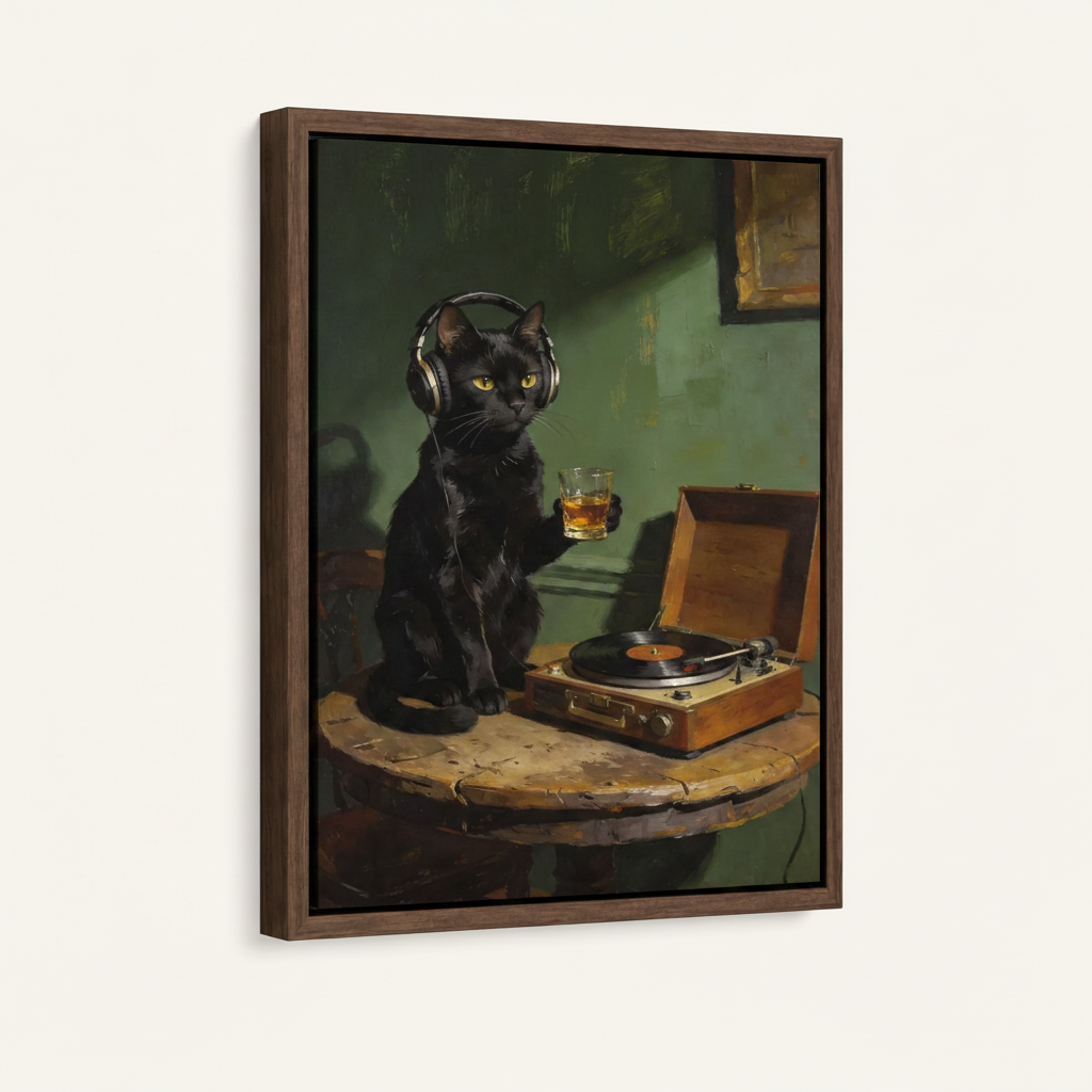 Black cat whiskey painting in dark walnut float frame on white background product view