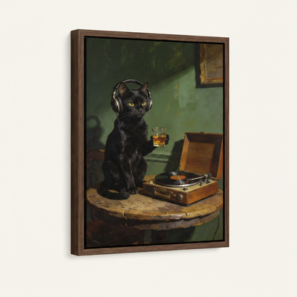 Black cat whiskey painting in dark walnut float frame on white background product view