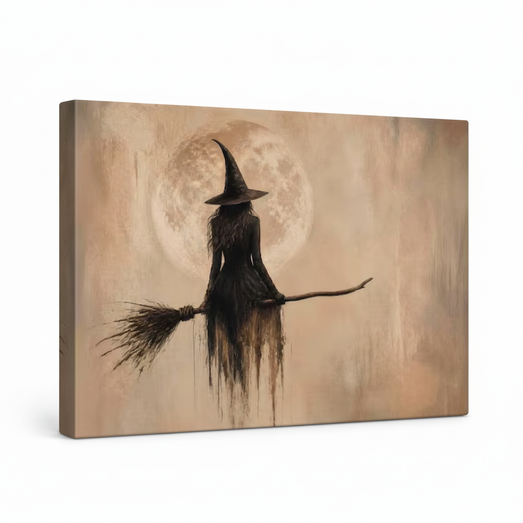Gallery wrapped canvas witch moon dark gothic oil painting side angle white background