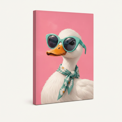 Gallery-wrapped chic duck wall art canvas, blush pink sides, frameless angled product shot