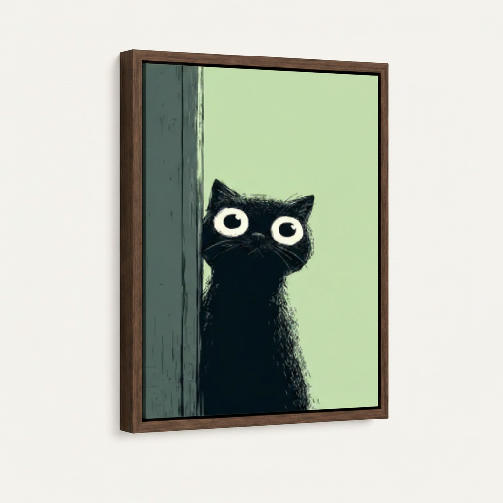 Black cat peeking illustration in dark walnut float frame on off-white wall, angled side view