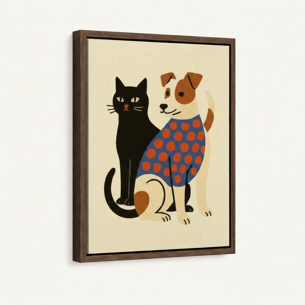 Framed cat and dog canvas art in dark walnut float frame, front product view on white background