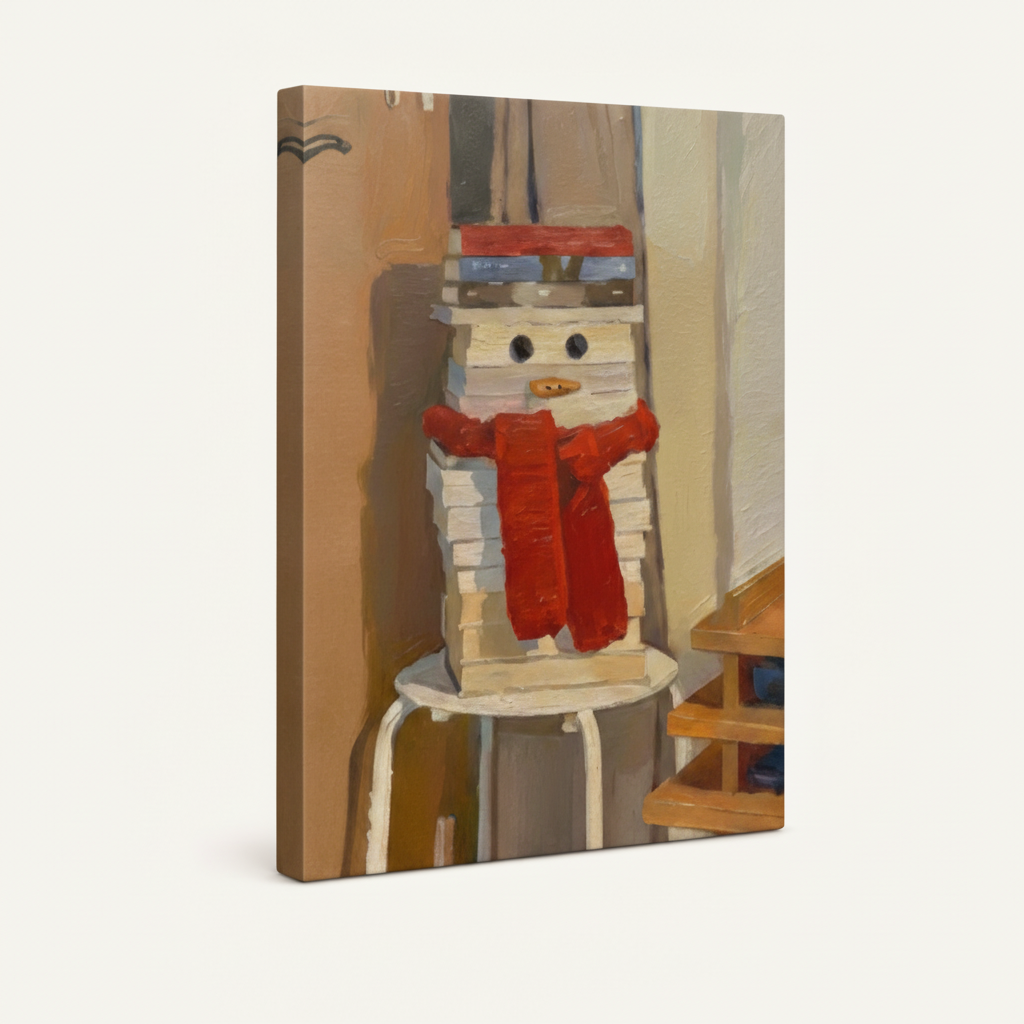 Gallery wrapped book snowman canvas showing impasto texture and natural edge wrap on white background
