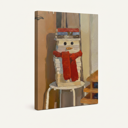 Gallery wrapped book snowman canvas showing impasto texture and natural edge wrap on white background