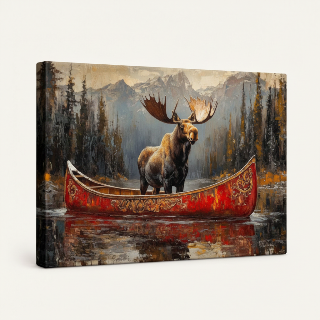 Gallery-wrapped moose wilderness canvas side view on white background