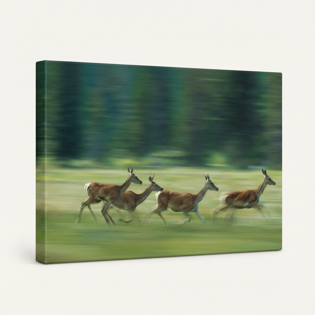 Gallery wrapped running deer oil painting canvas, side angle on white background