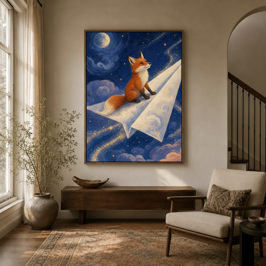  Fox starry night impressionist framed canvas art displayed in elegant entryway with dark wood console
