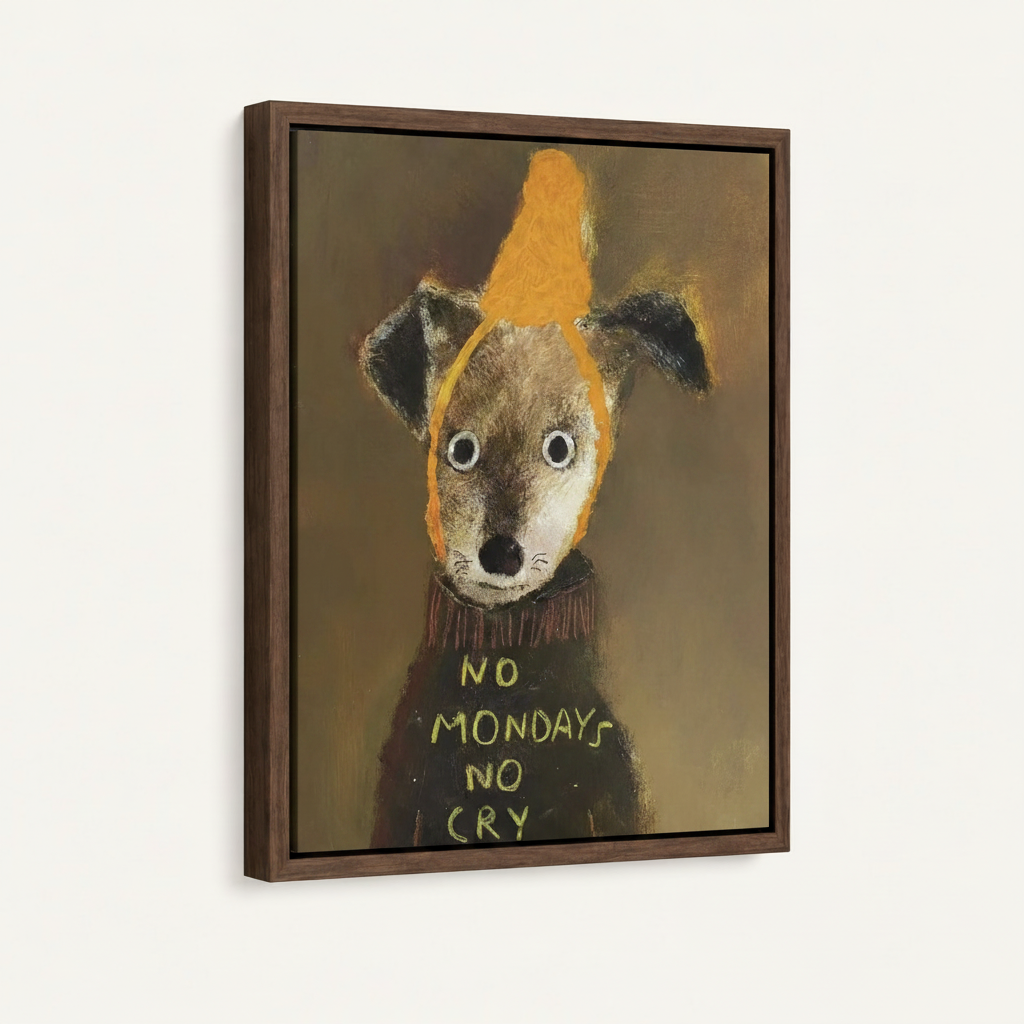  Framed folk art dog canvas print in dark walnut frame, 3/4 angle product shot