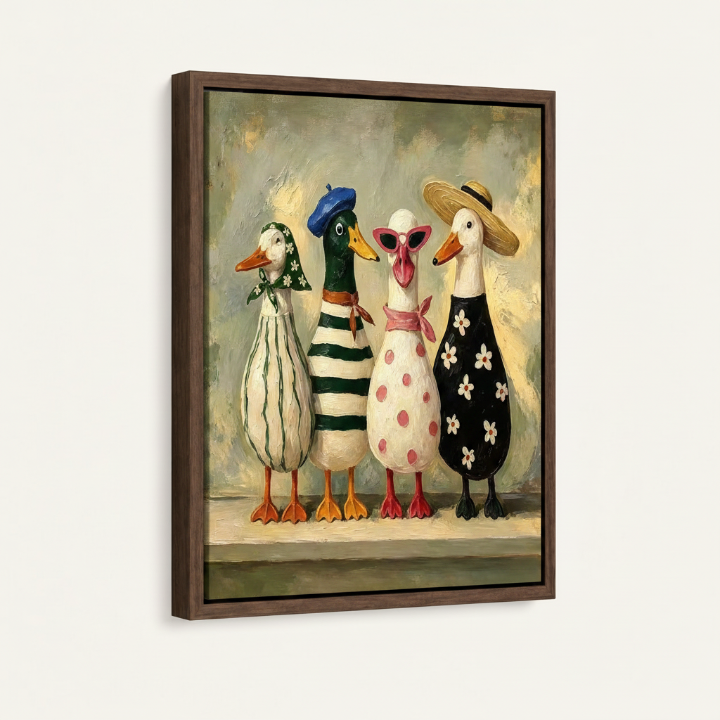 Float-framed whimsical duck canvas print in dark walnut frame, 45-degree angle ecommerce product photo