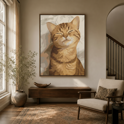 Smiling contented orange cat canvas wall art in float frame above dark walnut entryway credenza