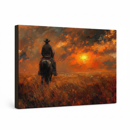 Gallery-wrapped cowboy sunset canvas print at angle on white background, no frame, thick canvas wrap edge visible