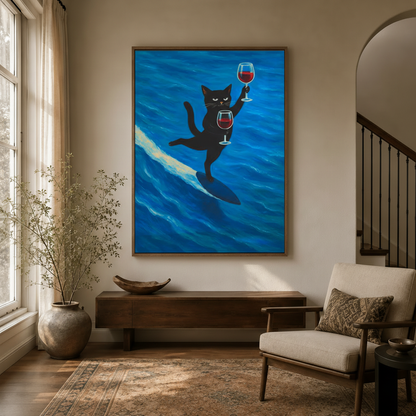 Funny black cat canvas wall art in walnut frame hung in bright modern entryway