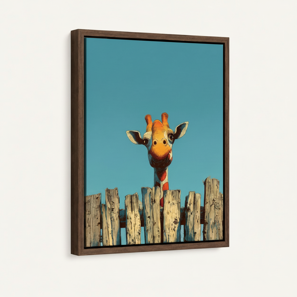 Funny giraffe canvas print in dark walnut float frame — white studio product shot, 3/4 angle view