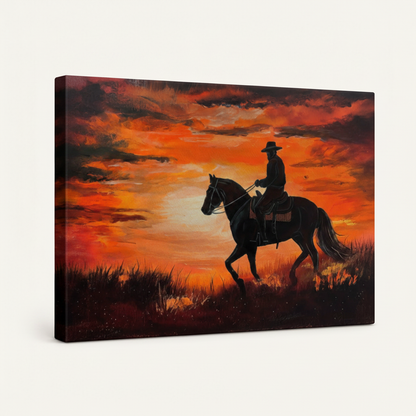Gallery wrapped canvas wall art featuring western cowboy silhouette at dramatic sunset, side angle view