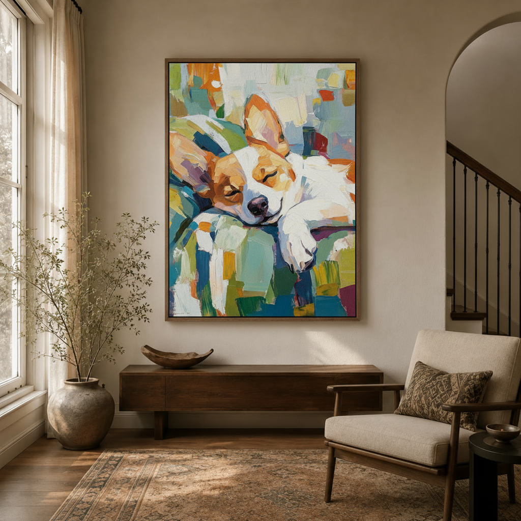 Colorful impasto corgi canvas in walnut float frame displayed in warm modern entryway